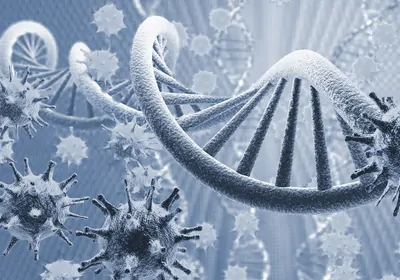 illustration of virus particles and DNA strands